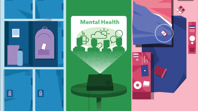Image incorporates three images, including: school locker, a projector saying 'mental health' and an aerial cartoon of someones bedroom.