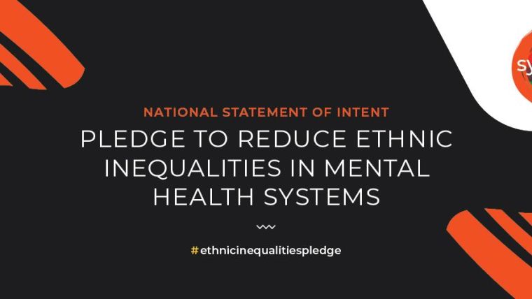 Image shows pledge from Syergi saying "Pledge to reduce ethnic inequalities in mental health systems'.