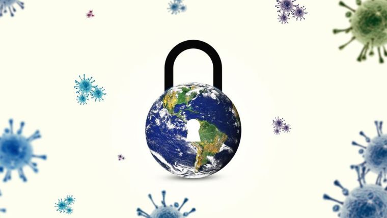 Image of the globe with a padlock over it - symbolising lock-down, reinforced by COVID-19 molecules around the globe.