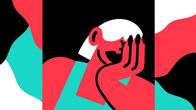 Abstract graphic image of a woman with her head in her hand.
