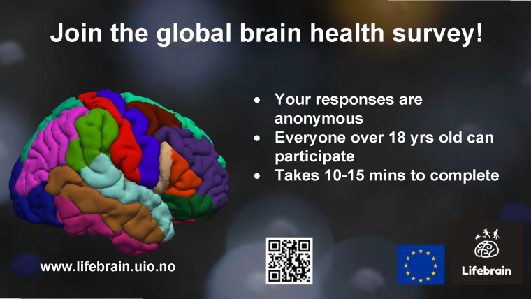 Image shows a picture of the human brain with the caption 'join the global brain health survey!'