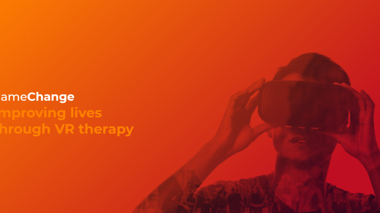 Image shows a person wearing a VR headset with the caption over the image "gameChange, improving lives through VR therapy".