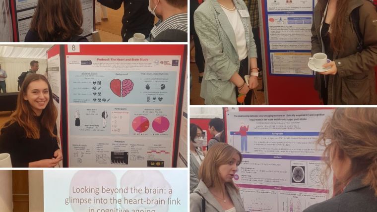 Collage of group members presenting their posters at a conference