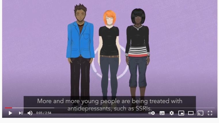 Screen capture of you tube still, illustration of 3 young people stood in a row
